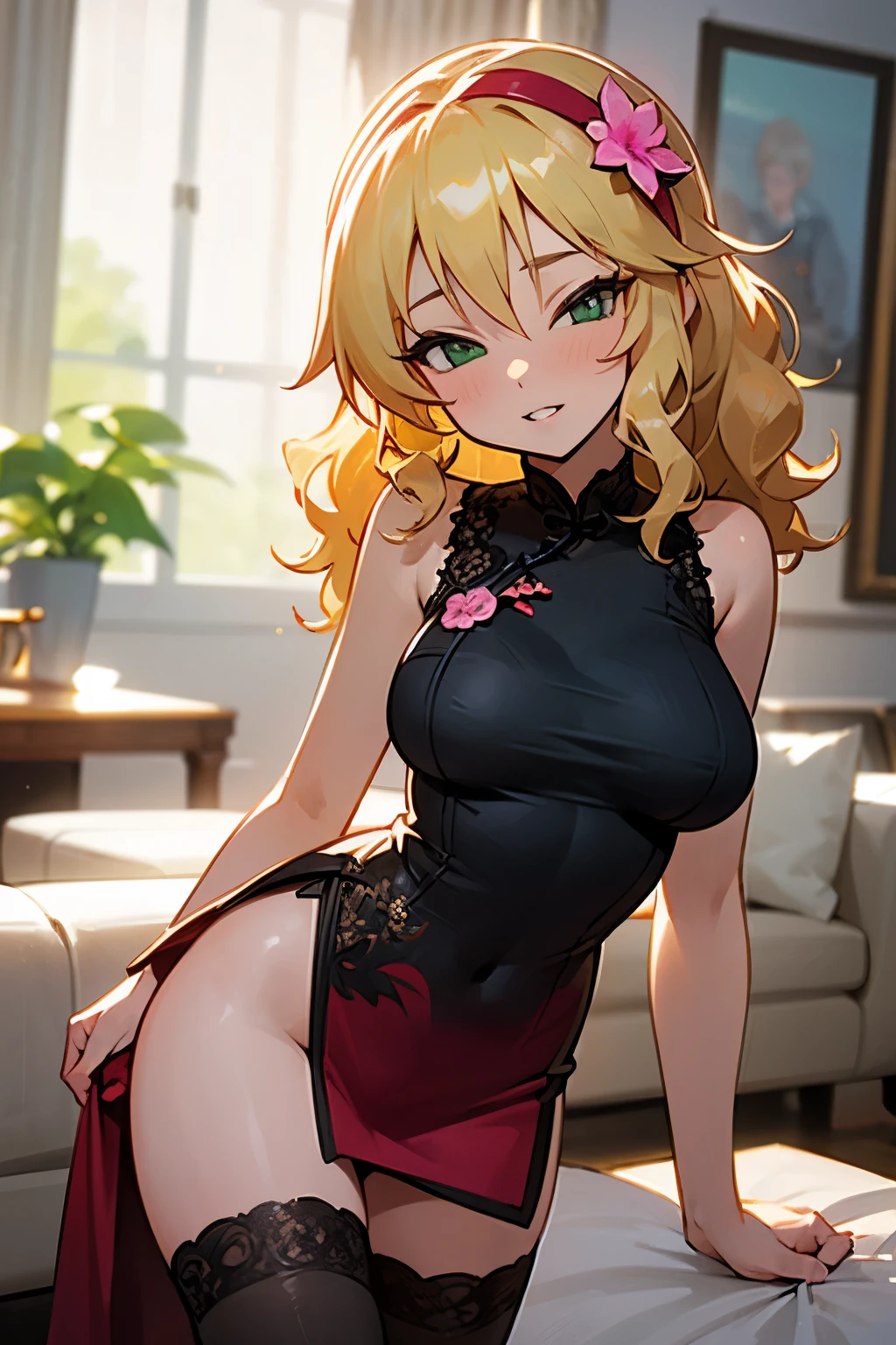 masterpiece,best quality, ultra-detailed,1girl(sakurai momoka, Slender and sexy body, lovely big breasts, wavy hair, long hair,blonde hair, headband, pink flower in hair,green eyes), a bright face, light smile, parted lips, nose blush, blush, facing viewer , looking at viewer, head tilt, solo, red china dress, short dress, sleeveless, black lace thighhighs, in the livingroom, standing, Sexy waist teasing