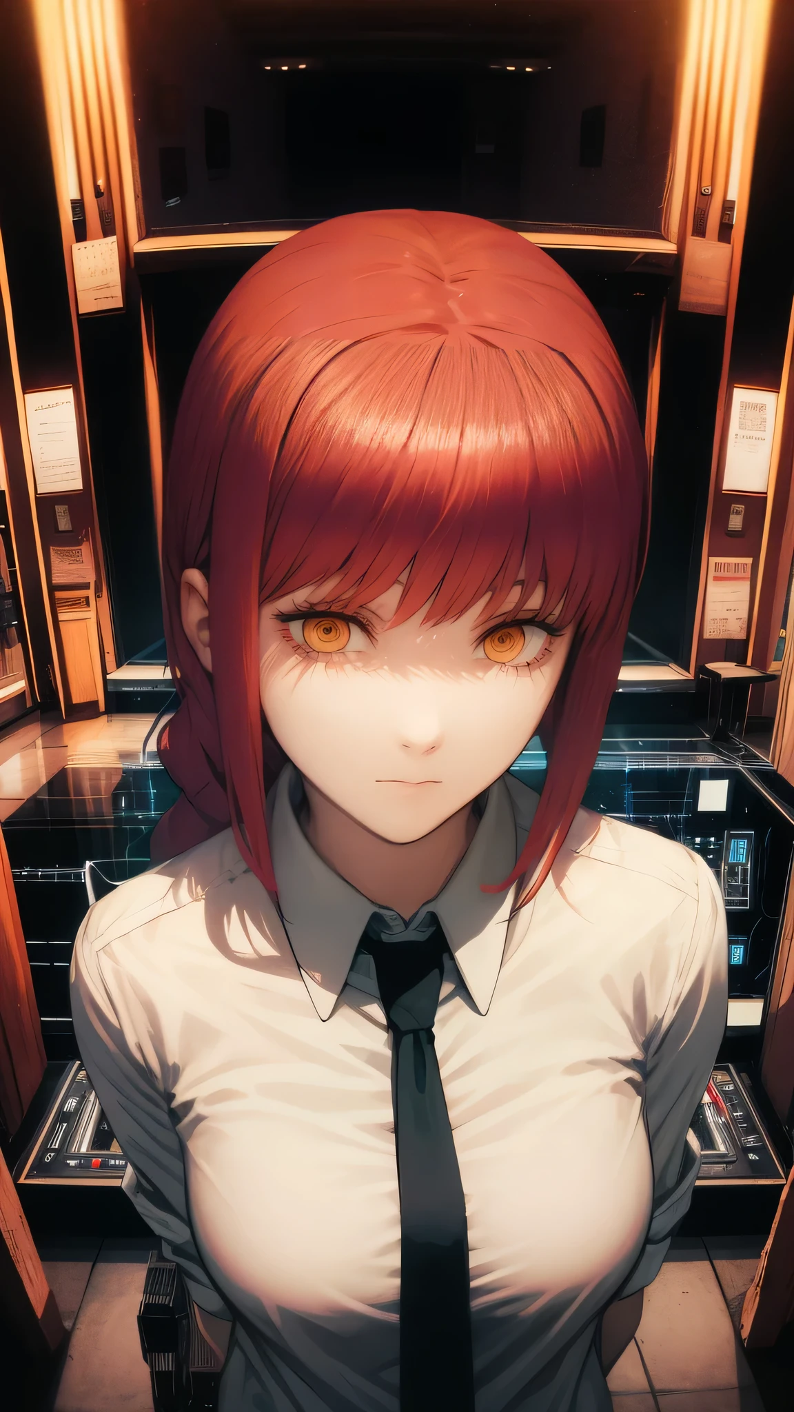 (Masterpiece), (Best Quality),makima \(chainsaw man\), Best Quality, Ultra Detailed, one girls, solo, Standing, red hair, hairlong, braided, golden eyes, sexly, tied up \(Non-sexy\), bangs, middle chest, white shirt, tie, Conspicuous, Smile, (evil:1.2), look to the audience, (interview:1.3), (Dark background, circuits:1.3)