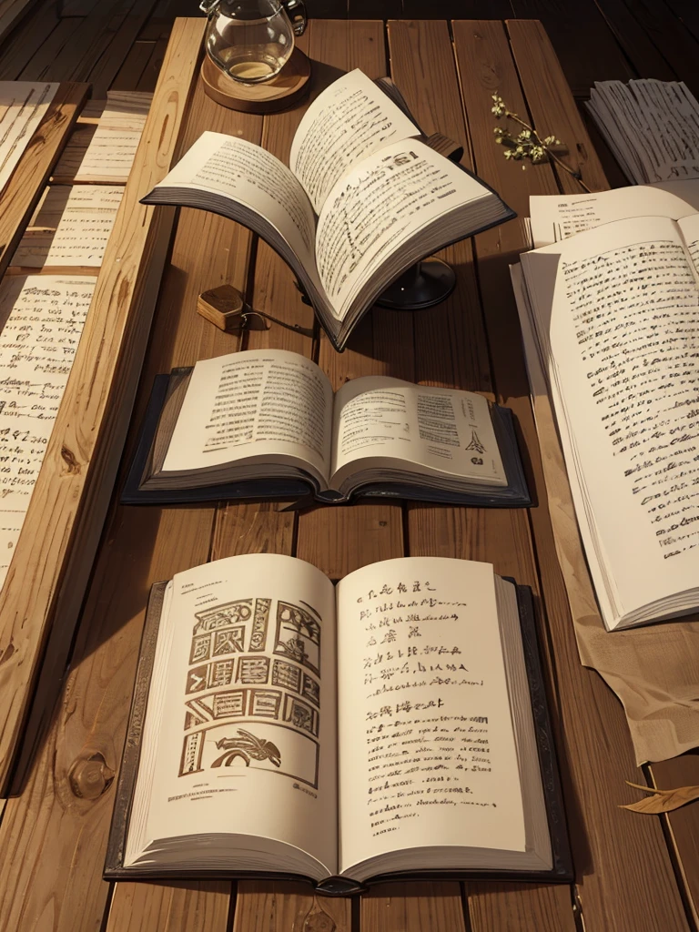 An open book with ancient writing on a wooden table made of oak with a background of grass and life