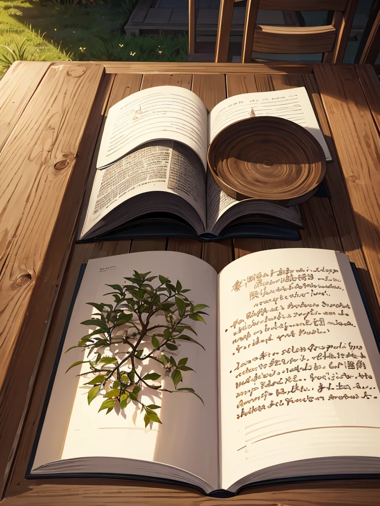 An open book with ancient writing on a wooden table made of oak with a background of grass and life