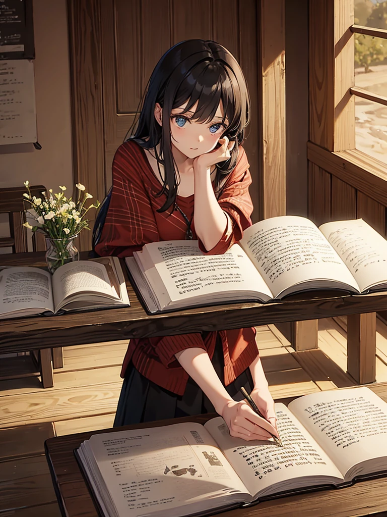 An open book with ancient writing on a wooden table made of oak with a background of grass and life