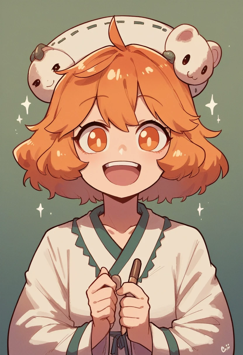 Isfp an isfp anime girl with orange eyes short orange hair (isfp) classic modern clothes painting and smiling happy for her painting 1 an anime girl (isfp) with a linen on his head