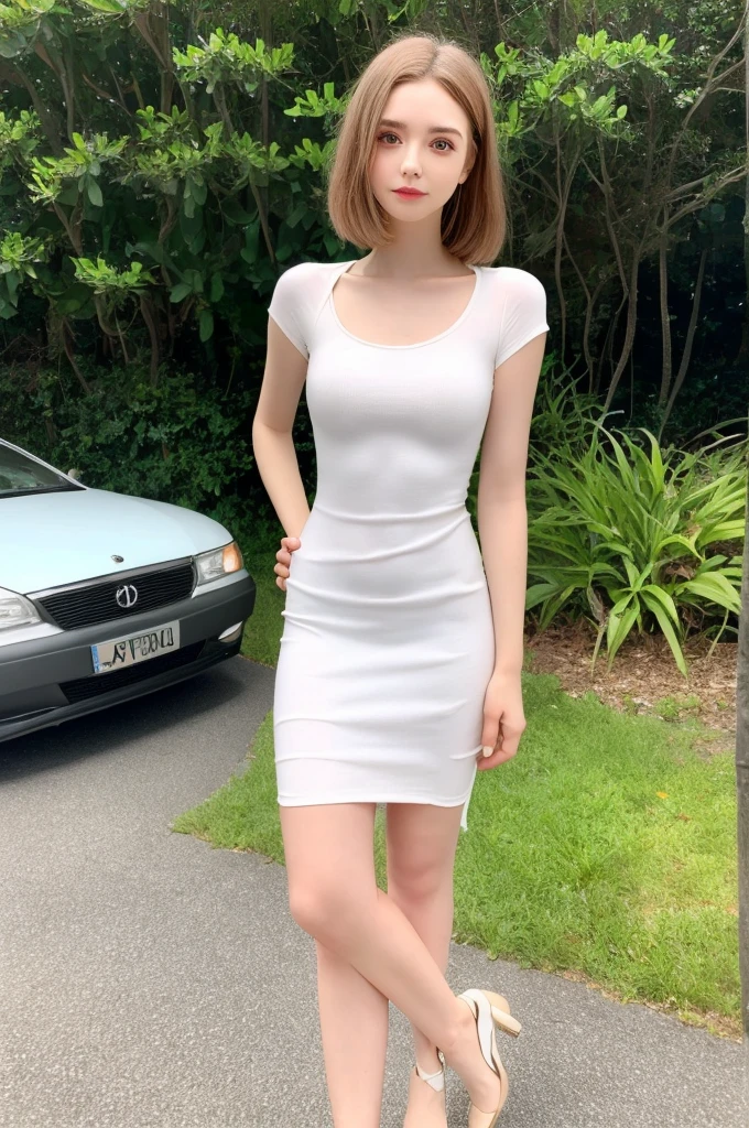 long straight hair, light brown eyes, slutty dress, white skin,