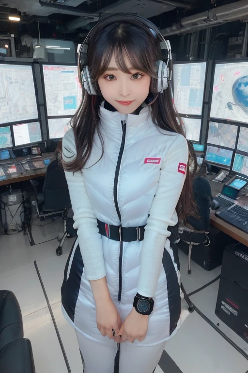 masterpiece, Highest quality, Very detailed, 8K Portrait,Japanese Android Girl,plump , Control panel,Robotic arms and legs, Blunt bangs,,break (Metallic Gray, Metallic luster, Mirror finish, Astro Best):5,headphone:5,break (Black sleeves):100,Smart Watches,Futuristic space station,Control Room,break headphone,blue eyes,(Black Hair):2,(Long Hair):1.3,Displaying the viewer,(respirator),break blush:3,Hidden Hand,smile