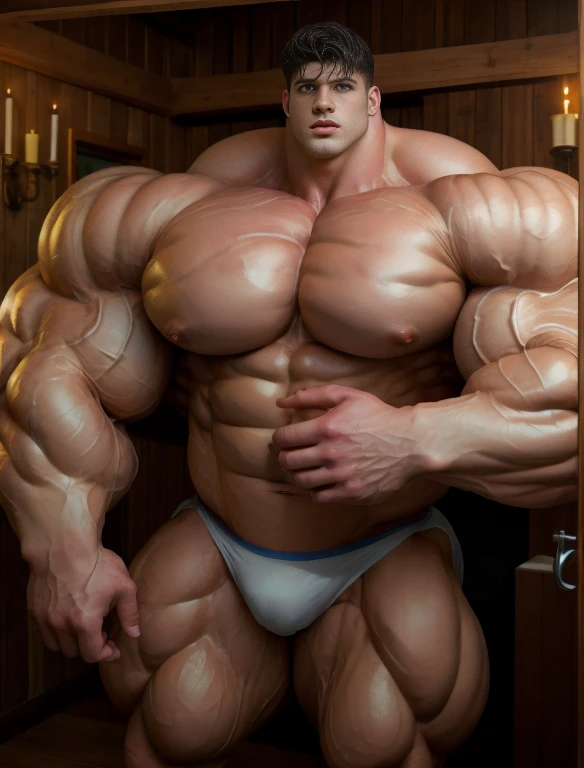 1boy, giant, alone, giant bodybuilder, wet, candle light, strong body, bulk, large size, stand, at large bath room with wooden wall, nude, white triangular underwear, massive bulge, extraordinary big, brutalmass, giant muscular body, bulk, buff, massive body, large meaty body size, extremely wide body,