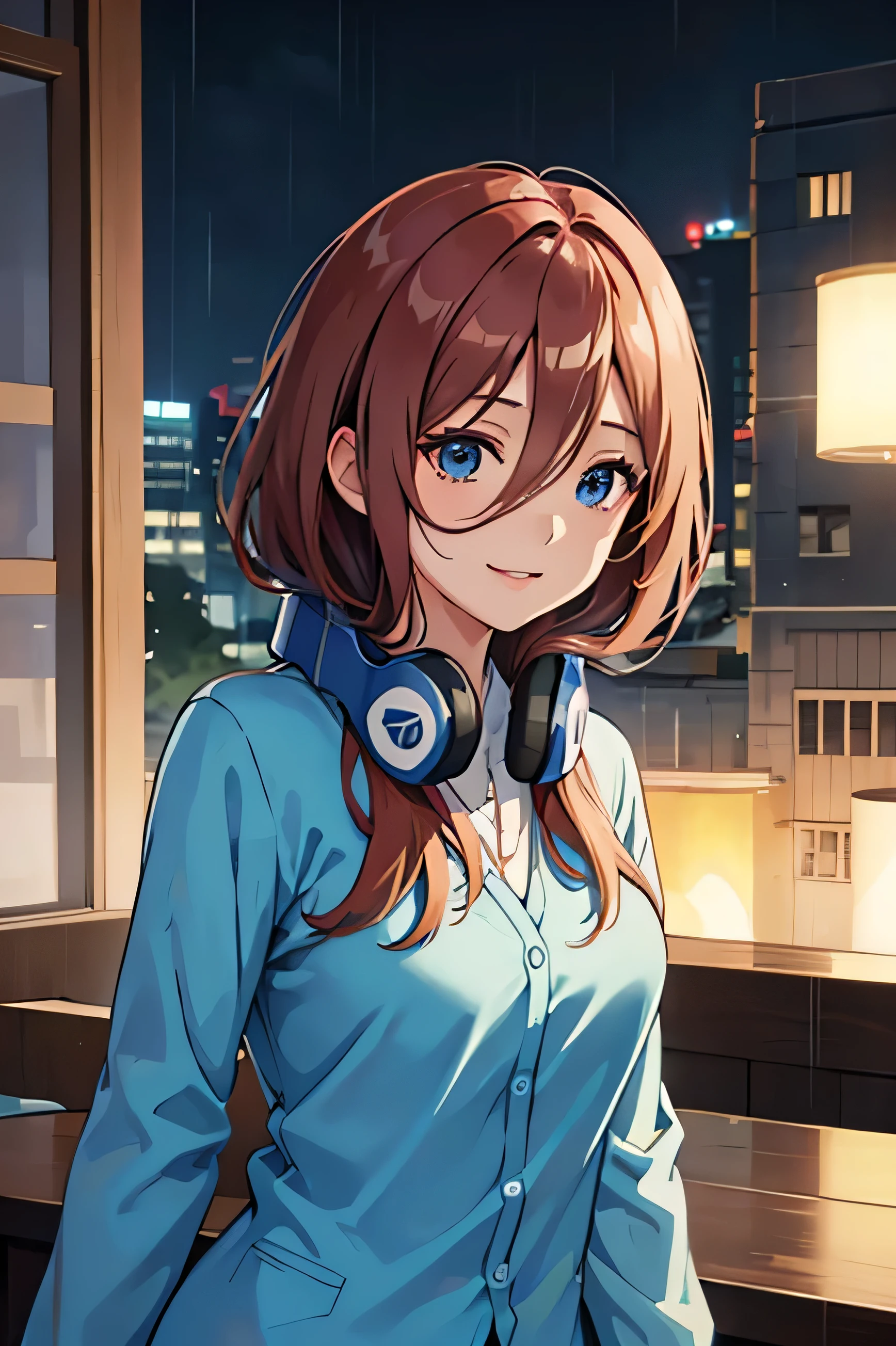 Miku, Headphones around the neck, Blue cardigan, A light smile, Best Anime 4K Konachan Wallpaper, 4K Anime Style, Official Art, High quality anime art, 4k anime wallpaper ((First Job)),city, living room, night, rain, Street lighting