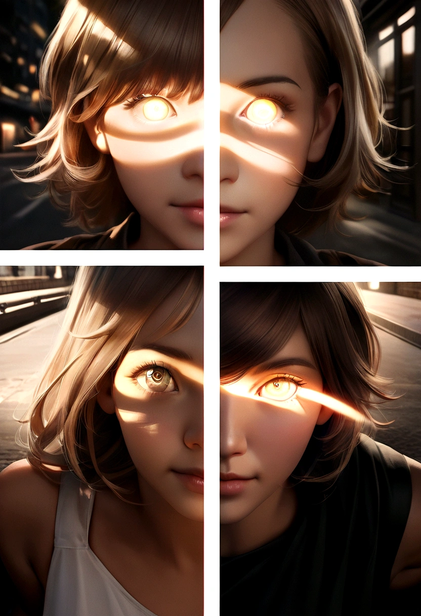 Natural photography of a , Hispanic, porter un crop top amplo, Bend, Long, straight light brown hair, lock your eyes on the camera, symmetrical eyes, symmetrical face, photorrealistic, fot, Path layout, specular lighting, volumetric face light, hair path, visible shadows, Complex, elaborate, Street art context, No text