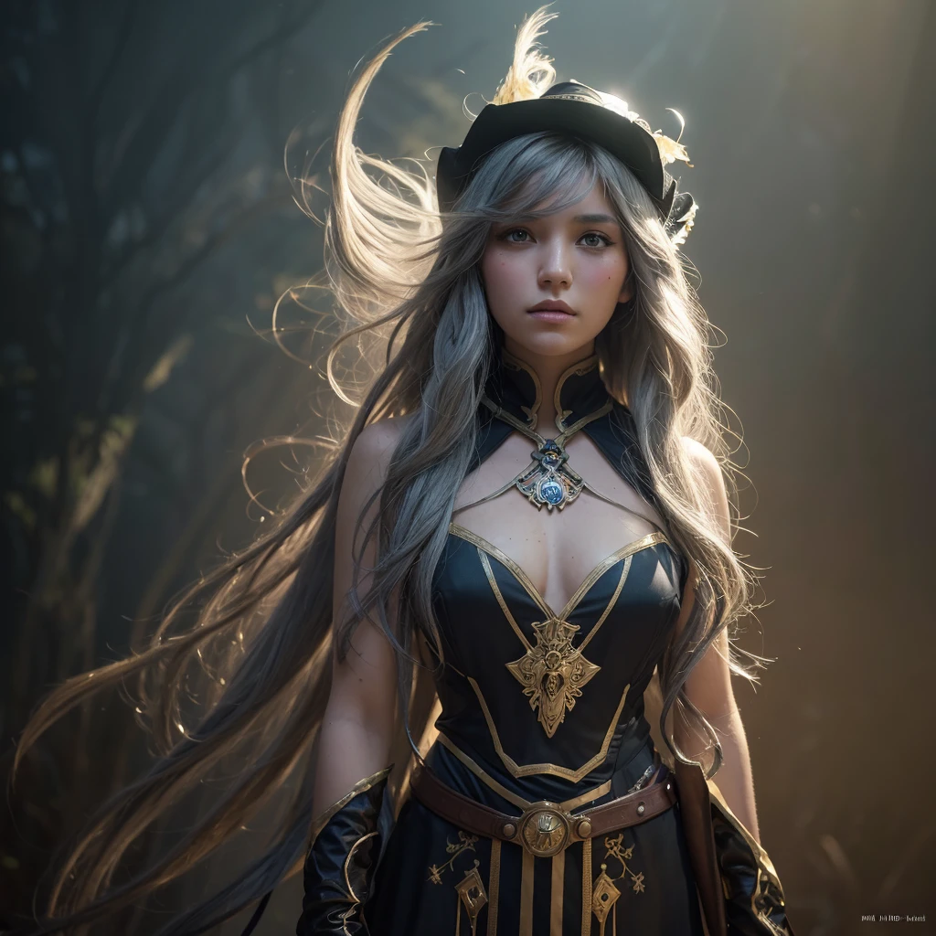 Surrealistic Female Character Art by David Hockney and Alphonse Mucha, Fantasy art, Realistic art, Dynamic Lighting, Art Station, Volumetric lighting, Highly detailed face, 8k yen,Full HD, Award-winning,, One girl, In the Dark, Deep Shadow, Modest, Cowboy Shot, (Official Costume: 1.4), Long Hair, Gray Hair, dyeing hair with black light
