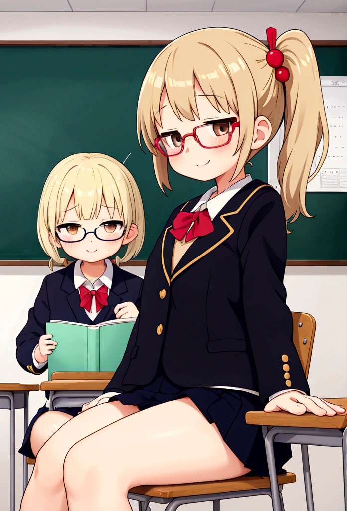 (Multiple Girls)、Elementary school girl、8-year-old、Flat Chest、Glasses、short hair、Blonde、 紺色の透けているスクール水着 学校のclassroom 、、Crouch、Navy Blazer、Sit on a chair、classroom、smile、Black Hair、Side ponytail、Brown eyes、holding panties、Showing panties、