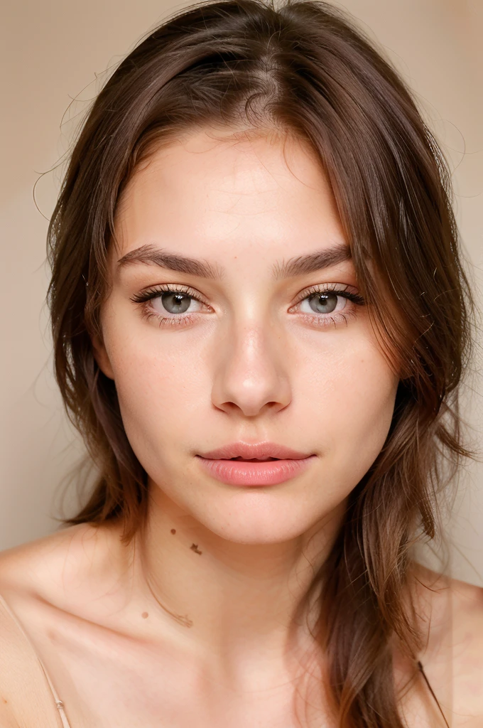 to generate a hyper-realistic image of the face of an 18 year old girl of European and American descent with perfect, well lined eyes and brown eyes, with brown hair, beautiful delicate lips and a thin, upturned nose, straight hair, tender and delicate face, kind, innocent, innocent look, delicate, tender face without imperfections, .