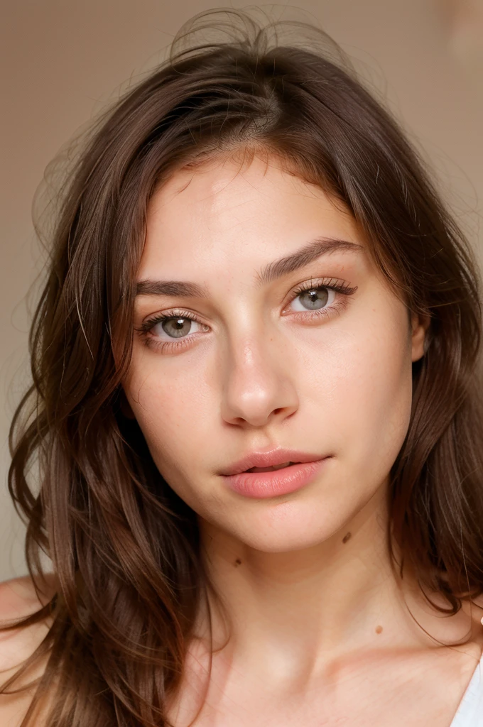 to generate a hyper-realistic image of the face of an 18 year old girl of European and American descent with perfect, well lined eyes and brown eyes, with brown hair, beautiful delicate lips and a thin, upturned nose, straight hair, tender and delicate face, kind, innocent, innocent look, delicate, tender face without imperfections, .