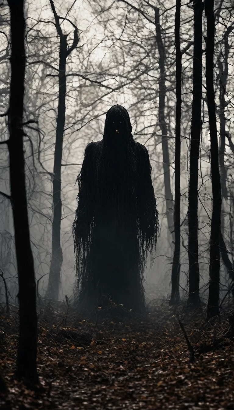 Images of frightening gazes in the shadows of the forest, ghostly figures emerging from the darkness, intensifying the atmosphere of horror.