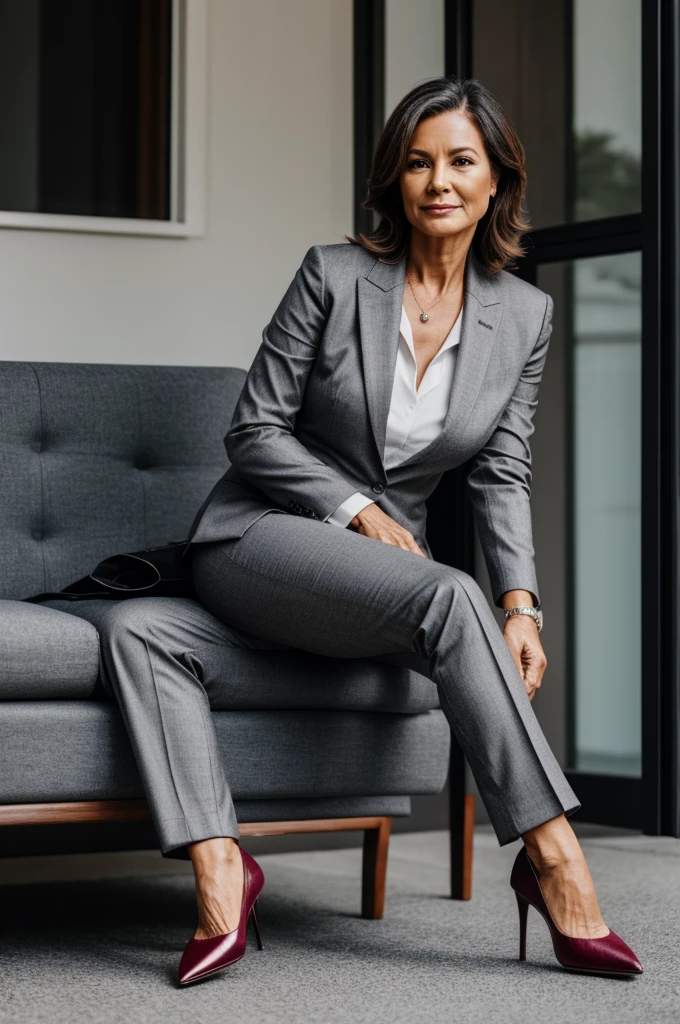 50-year-old woman in burgundy high heels and gray suit sitting cross-legged 