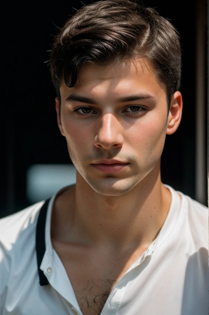 RAW photo of german young man, short black hair, hunter black eyes,(high detailed skin:1.2), 8k uhd, dslr, soft lighting, high quality, film grain, Fujifilm XT3, 