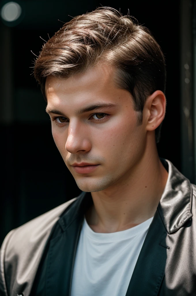 RAW photo of german young man, short black hair, hunter black eyes,(high detailed skin:1.2), 8k uhd, dslr, soft lighting, high quality, film grain, Fujifilm XT3, 