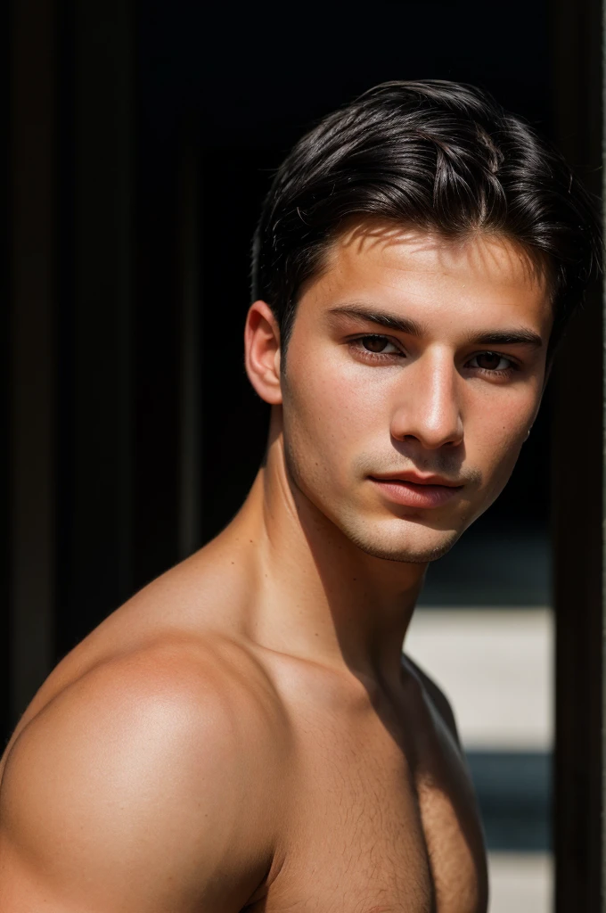 RAW photo of german young man, short black hair, hunter black eyes,(high detailed skin:1.2), 8k uhd, dslr, soft lighting, high quality, film grain, Fujifilm XT3, 