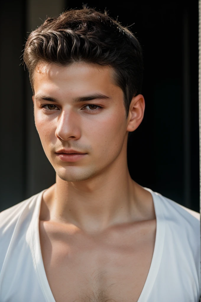 RAW photo of german young man, short black hair, hunter black eyes,(high detailed skin:1.2), 8k uhd, dslr, soft lighting, high quality, film grain, Fujifilm XT3, 