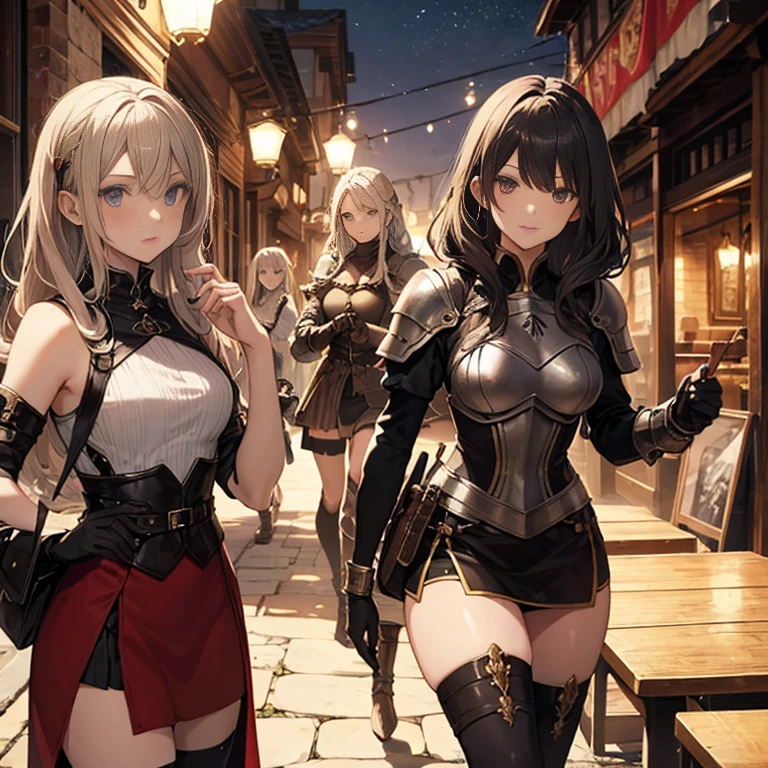 A group of female medieval fantasy adventurers, (in tavern), various hair styles, harem, night, details face, short skirt, seducing, sleeveless, armor