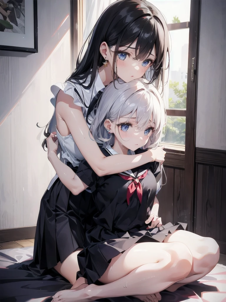absurdres, RAW photo, extremely delicate and beautiful, masterpiece, Best Quality, ultra high resolution, 32k, hyperrealistic, ultra-detailed, in her 20s, delicate facial features, tearful mole, earring, medium breasts, full body shot, shorter middle hair, black hair, korean school_uniform, summer school_uniform shirt, dress shirt, sleeveless, yuri, 2girls, kissing, wet, other hugging her from behind,