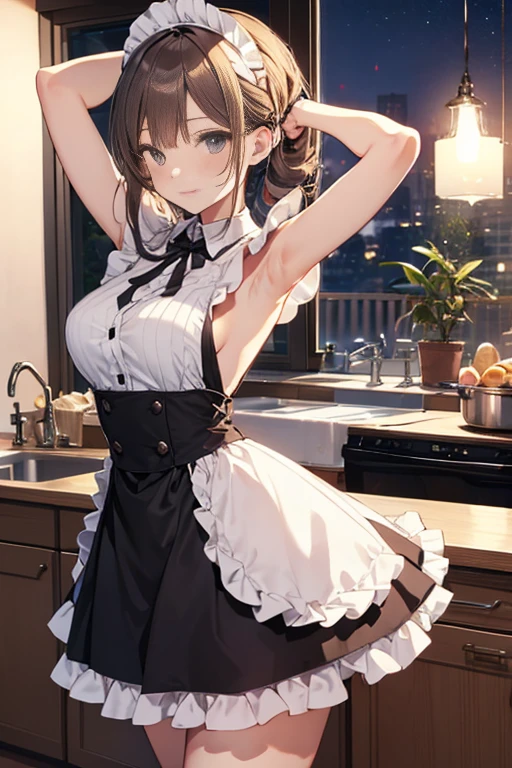 A maid, (in kitchen), various hair styles, night, details face, short skirt, seducing, sleeveless, maid uniform, armpits,