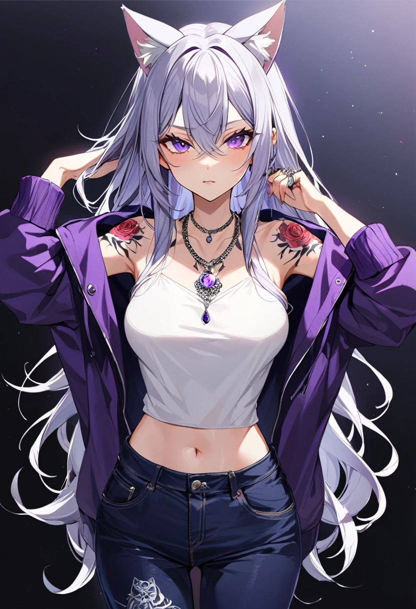 1girl, silver long hair, silver cat ears, bright purple eyes, wearing purple jacket, wearing white undershirt, wearing dark blue jean pants, wearing a necklace with a ring, exposing shoulders, bold tattoos, rose tattoos, tattoos all over the arms