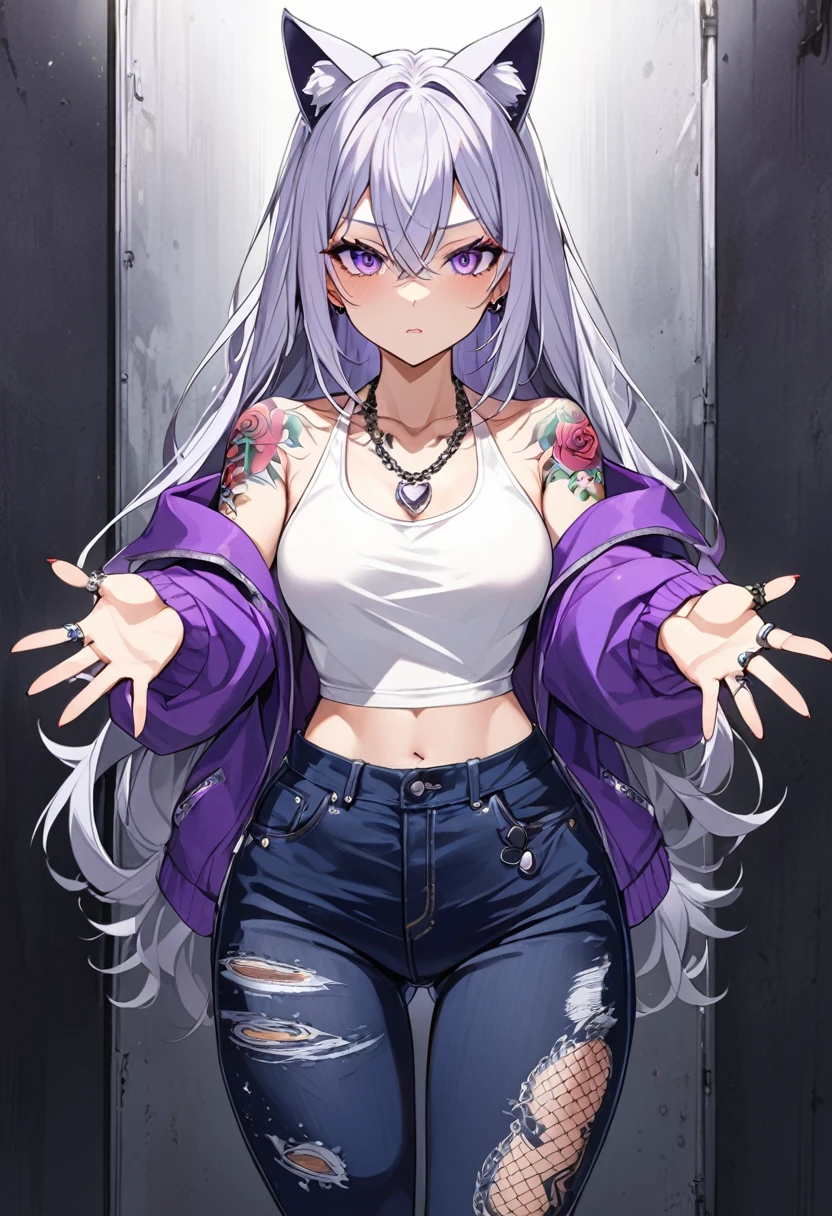 1girl, silver long hair, silver cat ears, bright purple eyes, wearing purple jacket, wearing white undershirt, wearing dark blue jean pants, wearing a necklace with a ring, exposing shoulders, bold tattoos, rose tattoos, tattoos all over the arms