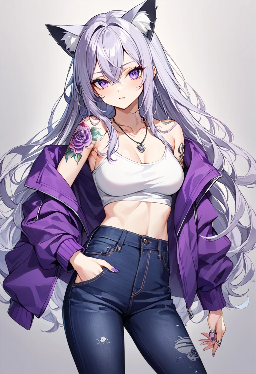1girl, silver long hair, silver cat ears, bright purple eyes, wearing purple jacket, wearing white undershirt, wearing dark blue jean pants, wearing a necklace with a ring, exposing shoulders, bold tattoos, rose tattoos, tattoos all over the arms