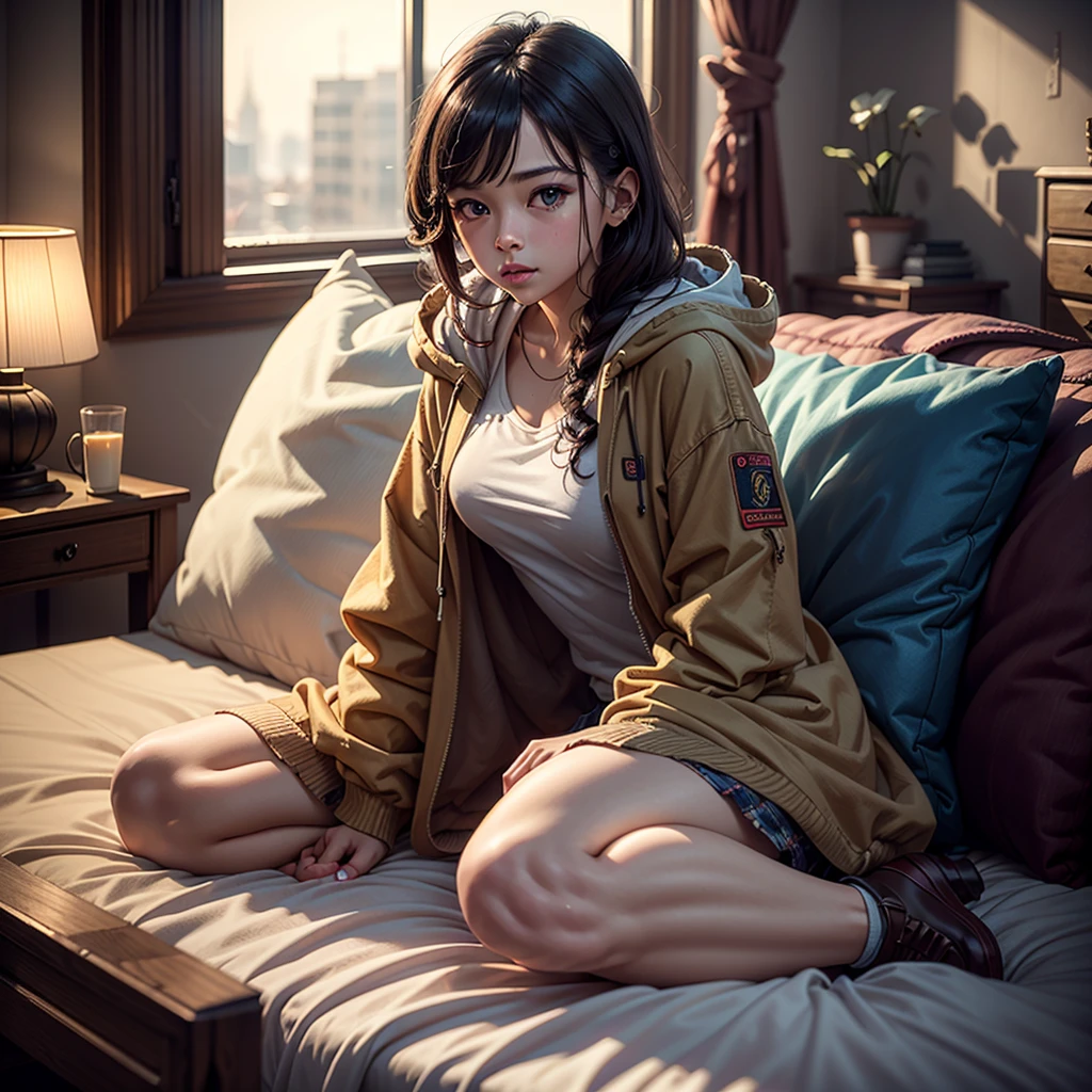 a young boy in a brown hooded jacket, 1 girl, high quality, exterior, high definition, cute, lying on a beautiful bed, detailed face, intricate clothing folds, soft lighting, vibrant colors, cinematic composition