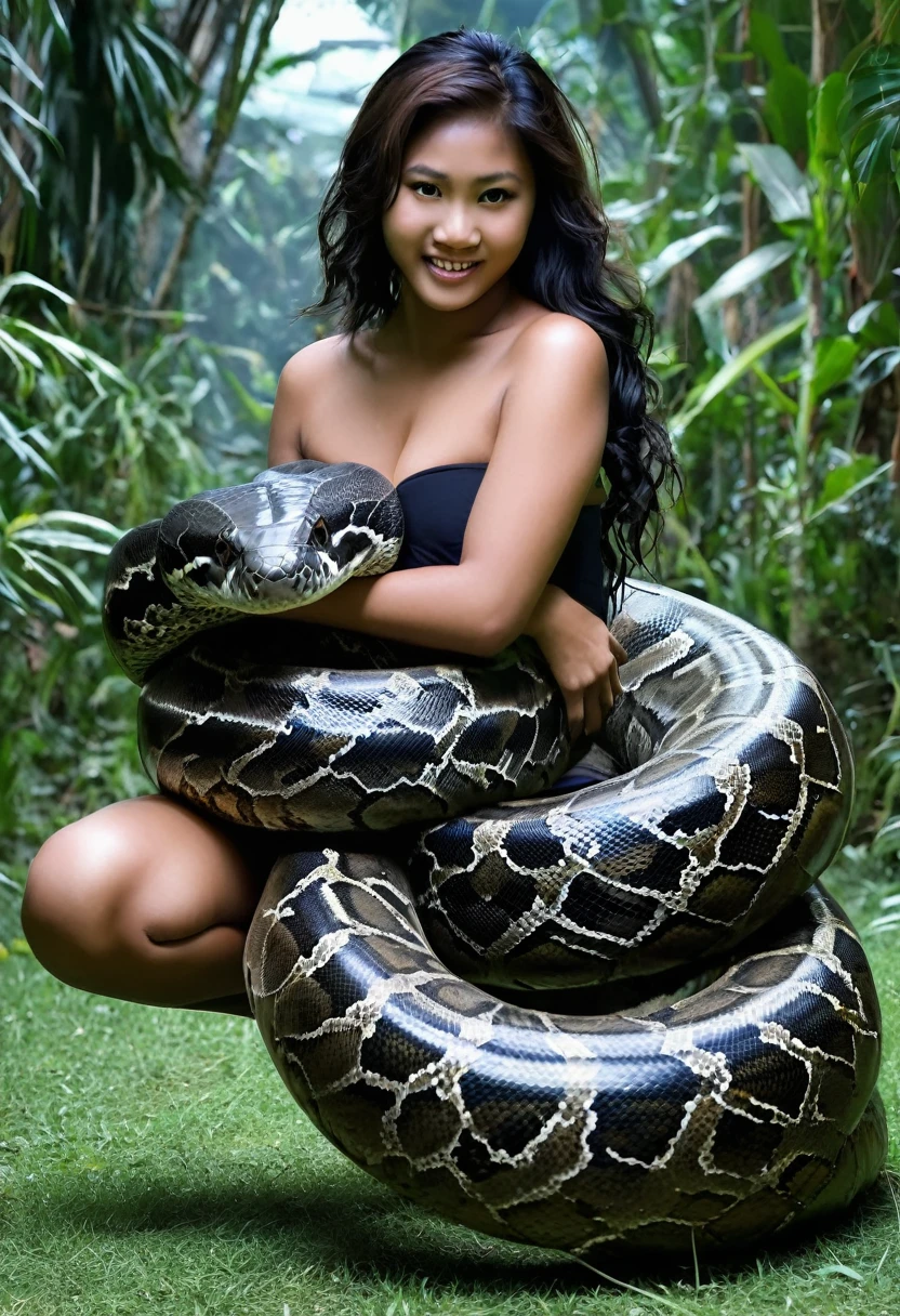  Happy Horny, aroused 1girl), beautiful kneeling Filipino   girl with  giant colossal black titanboa squeezing her hard, wrapped in thick spiraling coils, constricted, struggle, gasping for air, snake attack, snake peril, moonless night, dim light