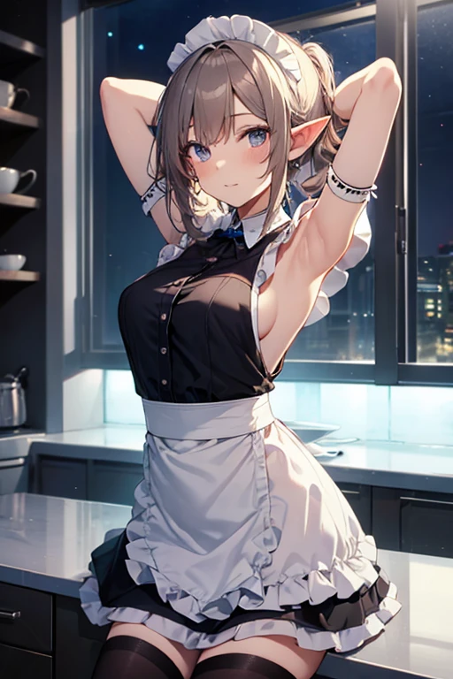 A maid, (in kitchen), various hair styles, night, details face, short skirt, seducing, sleeveless, maid uniform, armpits, elf