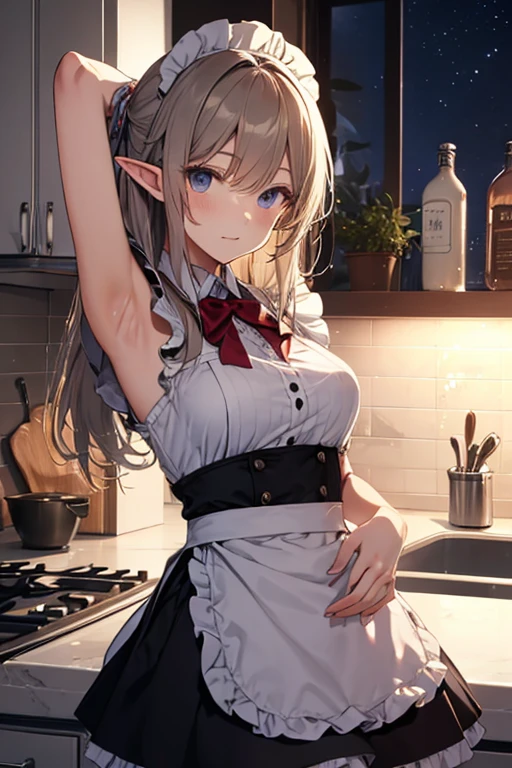 A maid, (in kitchen), various hair styles, night, details face, short skirt, seducing, sleeveless, maid uniform, armpits, elf