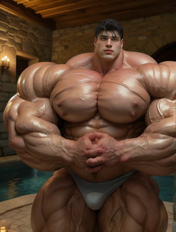 1boy, giant, alone, giant bodybuilder, wet, candle light, strong body, bulk, large size, stand, at large bath room with stone wall, nude, white triangular underwear, massive bulge, extraordinary big, brutalmass, giant muscular body, bulk, buff, massive body, large meaty body size, extremely wide body,