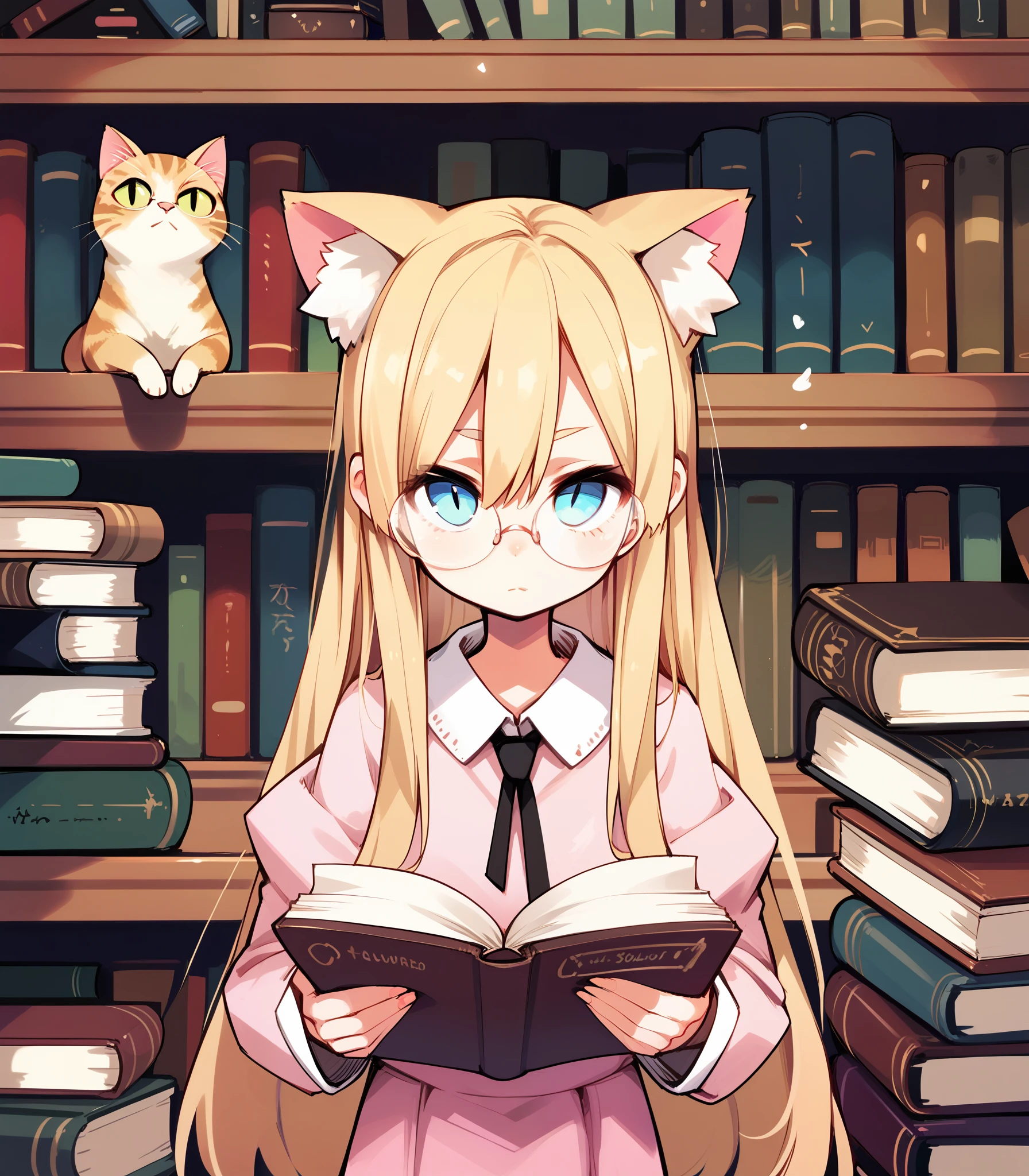 score_9,score_8_up,score_7_up,score_6, ,, 1girl,solo,glasses,very long hair, blonde hair,cat_ears,pink_dress, slit pupils,looking at viewer, bookstore, book stack,