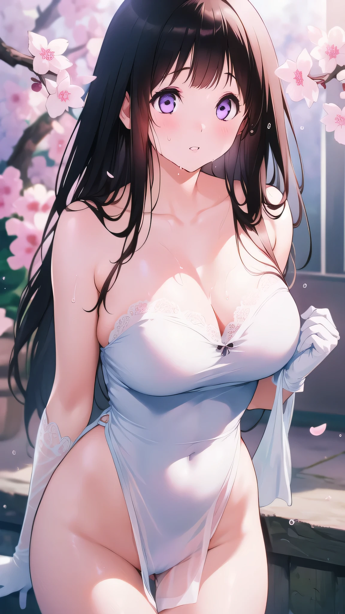 Amazing Chitanda, There is only one beautiful girl,Purple Eyes, Black Hair, Very red face,Very white skin,Glowing skin,Skin as delicate as porcelain,Naturally straight hair, Straight bangs,Extremely refined,Open lips,Long flowing hair,Beautiful Girl, Like a dream,Slim,Slim waist,soft, (sensuous), (Kawaii), Dream quality,Beautiful big breasts,Sheer loose dress,areola,Completely naked,Lower edge of breast,White gloves,Flower decoration,Deep V neckline,Loose neckline,White lace-up,Wide neckline,In school,look up,Place your hands on your inner thighs,Thighs clamp hands,Wet skin,Sweaty and sweaty,Sweating all over,it is raining,Next to the cherry blossom trees,Back to,Lean over,Hips,Side body,Gluteal groove,Completely naked buttocks,Bare back,Completely naked back,Light transmission,(no pants),nopan,pussy juice,Bare shoulders,There are no shoulder straps,Bare neck,Exposed collarbone,Exposing breasts,Exposing breasts side,Exposing breasts,Show your waist,Show your buttocks,Show your thighs,Exposing the groin,(No pants),extremely shy,Ultra-high resolution, (masterpiece:1.2, best quality), (Delicate and beautiful eyes: 1.2), (Beautiful and delicate face)
