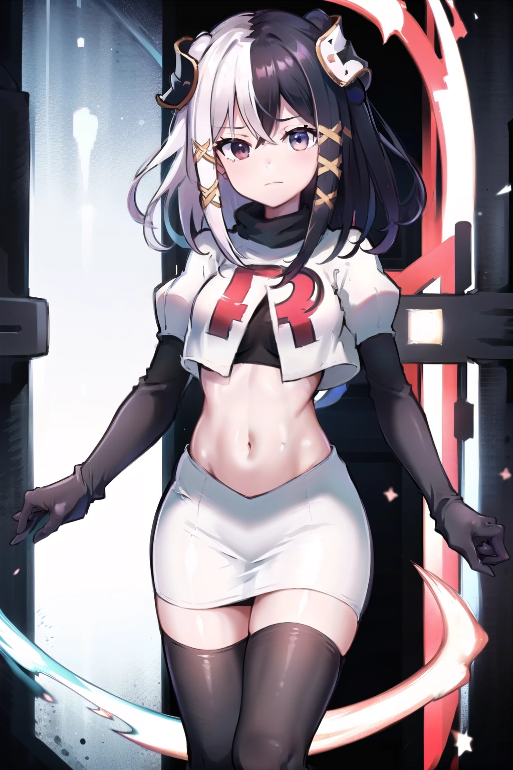 zesshi zetsumei, 1girl,solo, team rocket,team rocket uniform,white skirt,red letter R,crop top,black thigh-highs,black elbow gloves