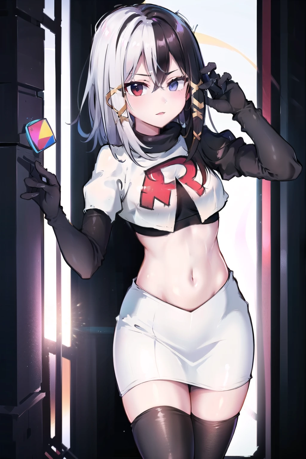zesshi zetsumei, 1girl,solo, team rocket,team rocket uniform,white skirt,red letter R,crop top,black thigh-highs,black elbow gloves