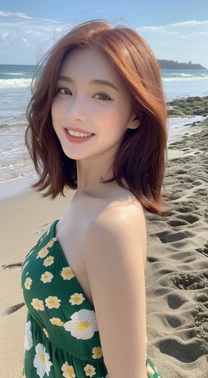 ((Best Quality, 8k, Masterpiece:1.3)), focus: 1.2, Perfect body beauty: 1.4, buttocks: 1.2, ((Layered haircut, old: 1.2)), (wet clothes: 1.1), (rain, street:1.3), Strapless dress: 1.1, Very detailed face and skin texture., fine eyes, double eyelids, Whiten skin, wide, (Shut up: 1.3), sonrisa redheaded young girl on a green flowered dress, walking on the beach, she es caucasian and got medium size breasts, Green eyes, fun, happy