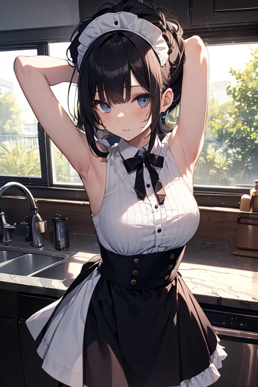 A maid, (in kitchen), various hair styles, night, details face, short skirt, seducing, sleeveless, maid uniform, armpits,