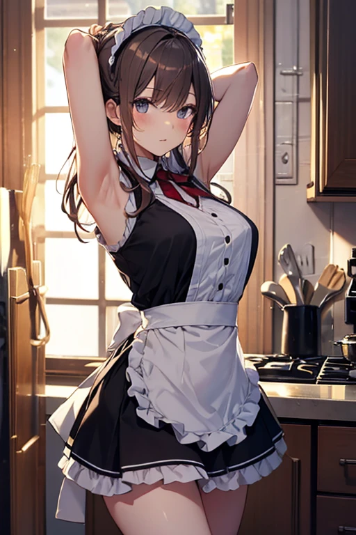 A maid, (in kitchen), various hair styles, night, details face, short skirt, seducing, sleeveless, maid uniform, armpits,