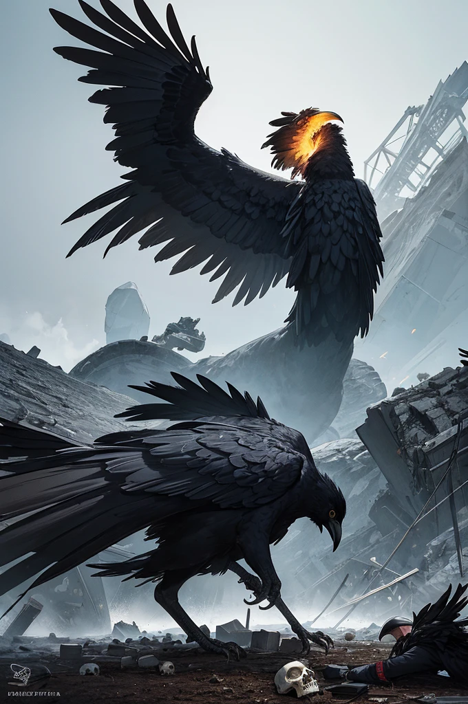 a giant black raven on a human skull, Battlefield after battle, hyper realism, Grusel aesthetics, Grusel, Tentacles protrude from the ground, st. Elmo&#39;s Lights, super detail, great picture quality, ​masterpiece, Winner of the illustration competition  ((best quality)), ((​masterpiece)), (Detailed), perfect face