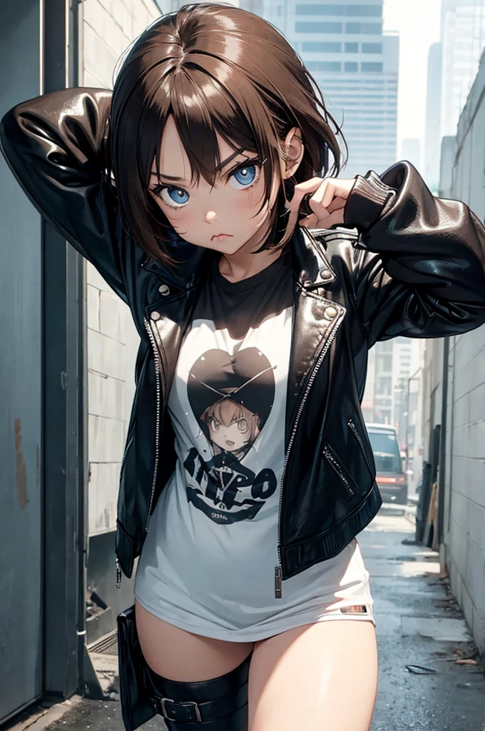 1 female, fierce, post-apocalypse, young ???, asian, spiked baseball bat, cute, Leather jacket, hourglass figure, light brown hair, blue pupils, pout, best quality.
