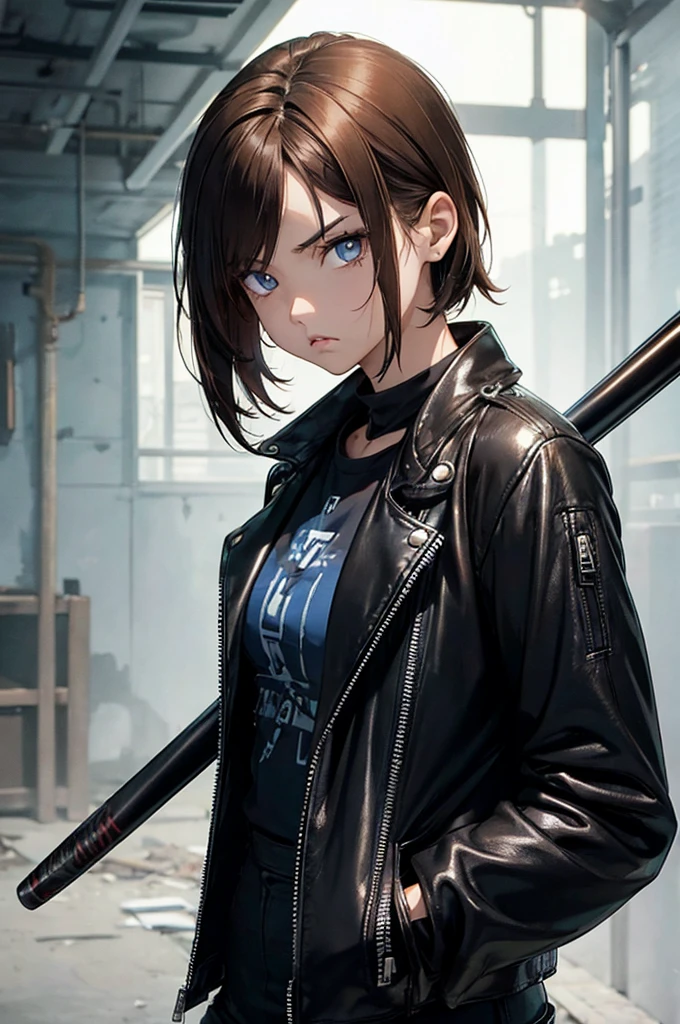 1 female, fierce, post-apocalypse, young kid, asian, spiked baseball bat, cute, Leather jacket, hourglass figure, light brown hair, blue pupils, pout, best quality.