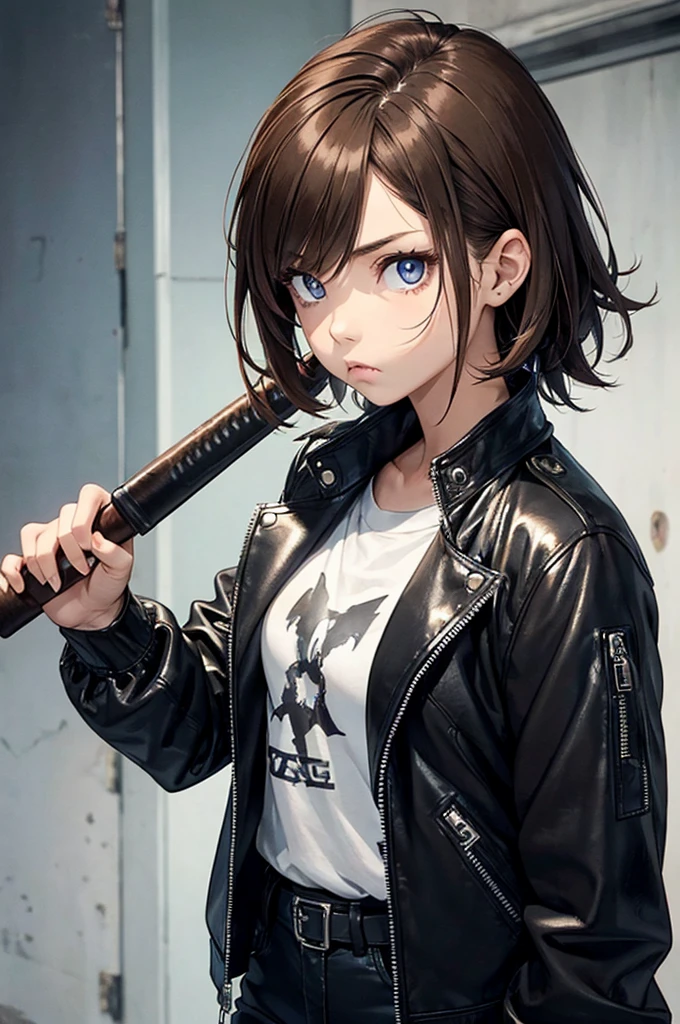 1 female, fierce, post-apocalypse, young ???, asian, spiked baseball bat, cute, Leather jacket, hourglass figure, light brown hair, blue pupils, pout, best quality.