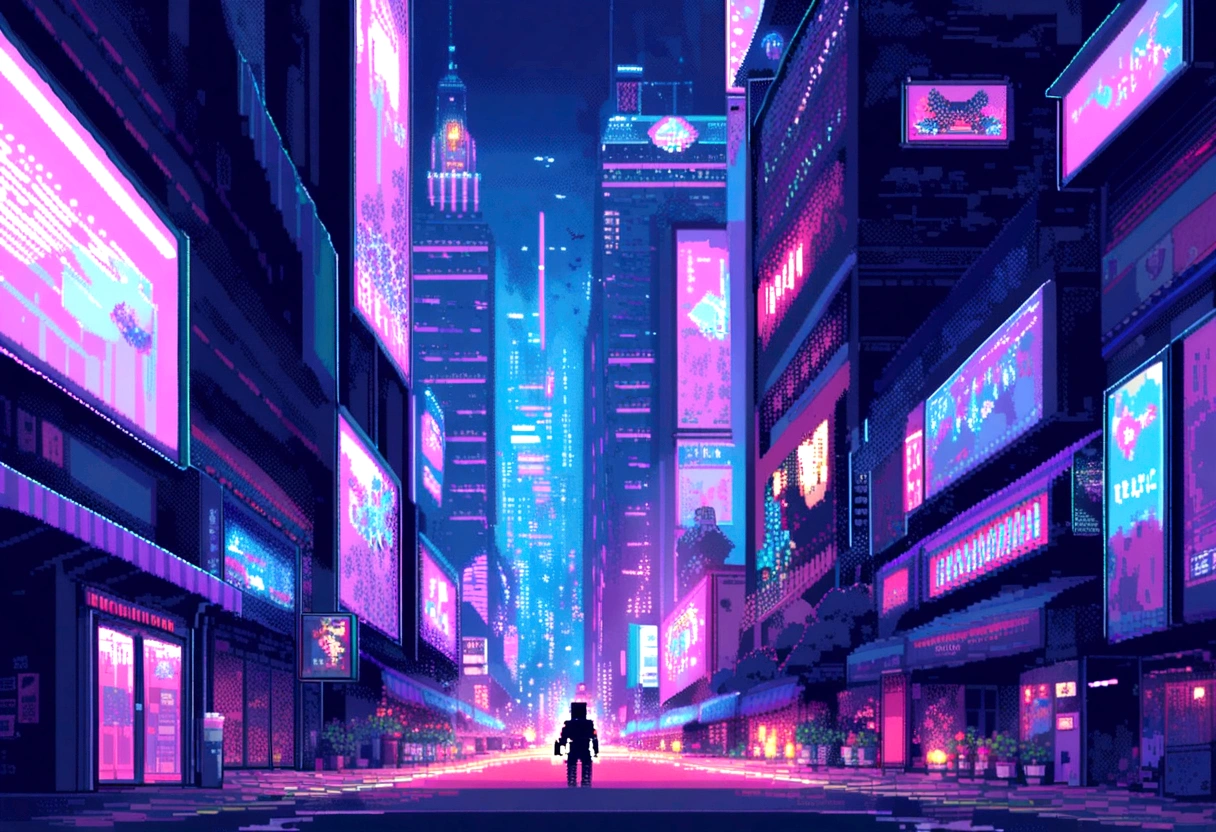element: Pixel art characters running through a pixelated cyberpunk city. Towering Buildings, Moving holograms and flying cars make up the scene.. The characters are accompanied by pixel-art robots that move in time with the music..
• color: Dark blue and purple hues with red dots, Green and blue neon lights.