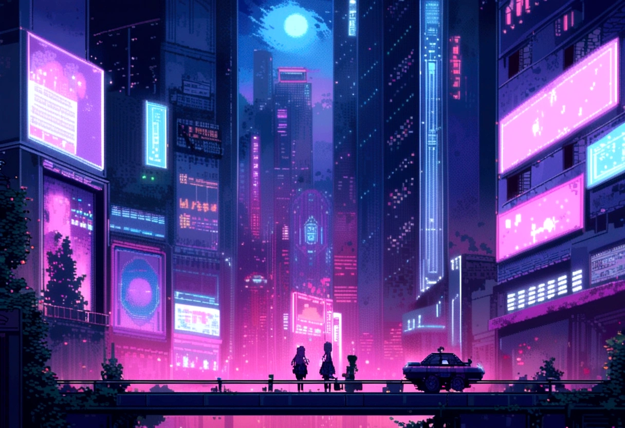 element: Pixel art characters running through a pixelated cyberpunk city. Towering Buildings, Moving holograms and flying cars make up the scene.. The characters are accompanied by pixel-art robots that move in time with the music..
• color: Dark blue and purple hues with red dots, Green and blue neon lights.