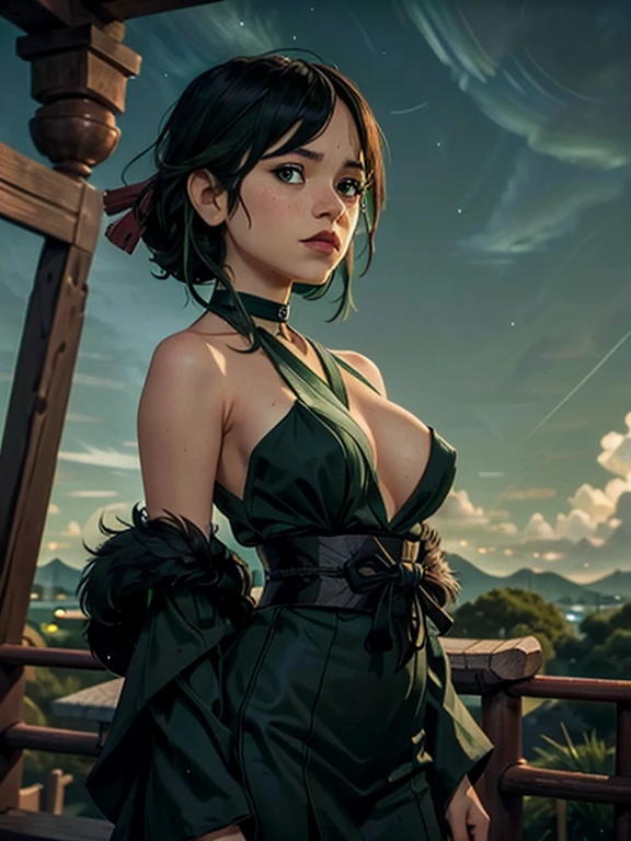 a white girl, bust, Alone, Upper part of the body, very short shaved haircut, black eyes, black fur, choker, NSFW, (japanese clothes:1.3), huge breasts, open breasts, pechos nakeds, exposed breasts, naked, bare shoulders, Masterpiece, Very detailed, look at the viewer, (blurred background, smoothed background, green sky background:1.3), cara sigma, cunning face, front view