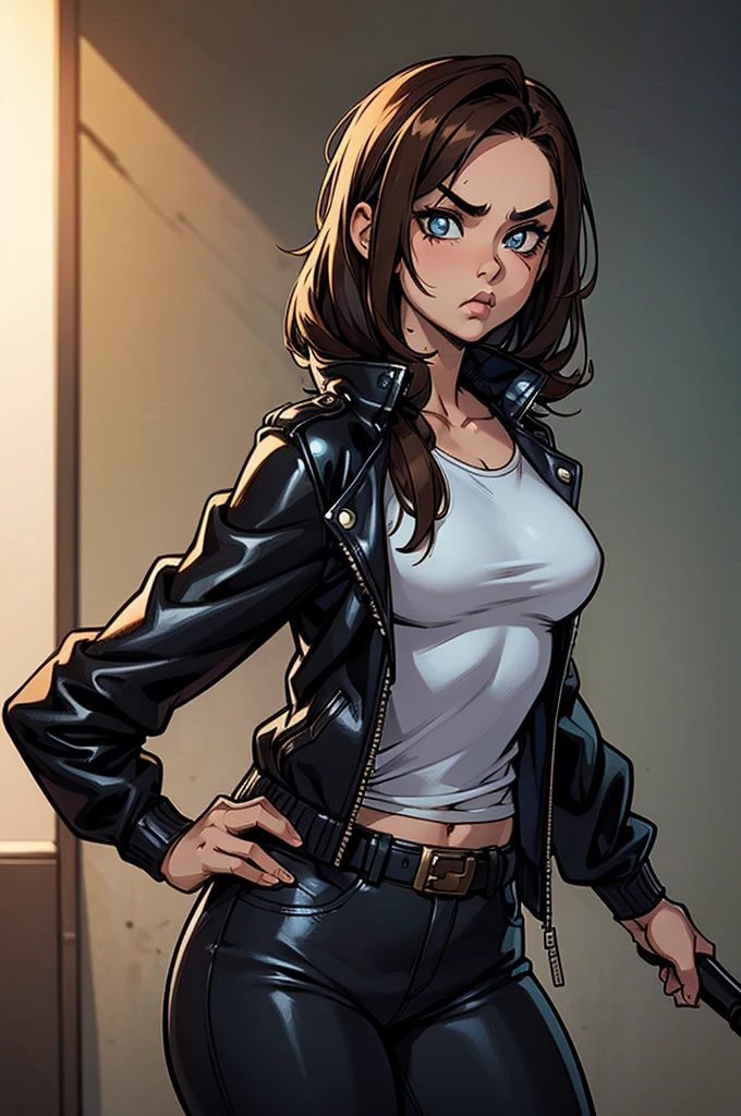 1 female, fierce, post-apocalypse, young kid, asian, spiked baseball bat, cute, Leather jacket, hourglass figure, light brown hair, blue pupils, pout, best quality.