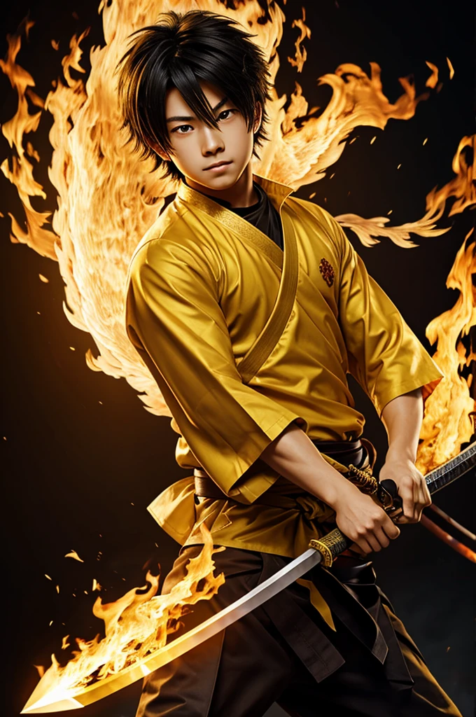 Anime boy with golden fire katana