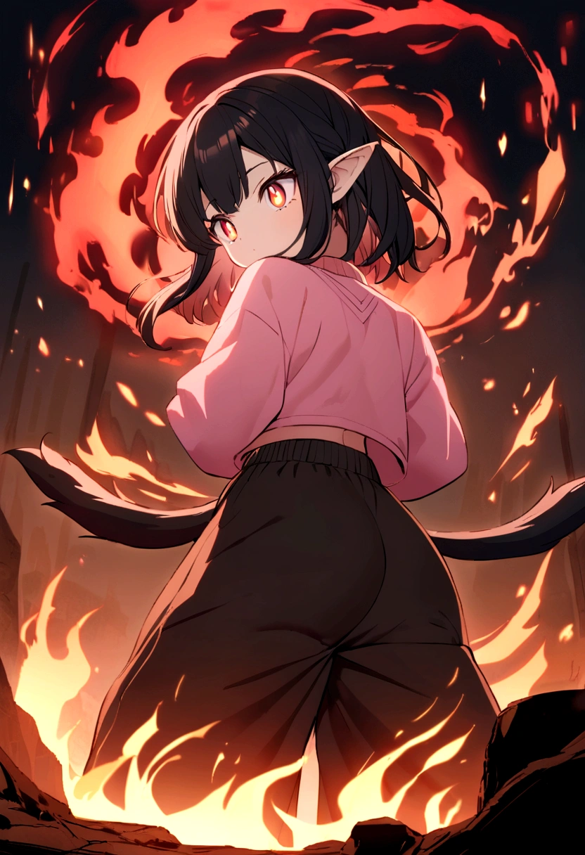 an anime girl eyes with a black iris and red pupils, black hair with pink highlights with small hair bow with small blue and yellow cubes decoration on the bow, on the right side of the head. She wears a pink sweatshirt that is too big for her and small black sweatpants.. She has a red aura of flames that surrounds her violently.. Two black flames emerge from his head and take the shape of ears, and two tails of flame emerge from his back.