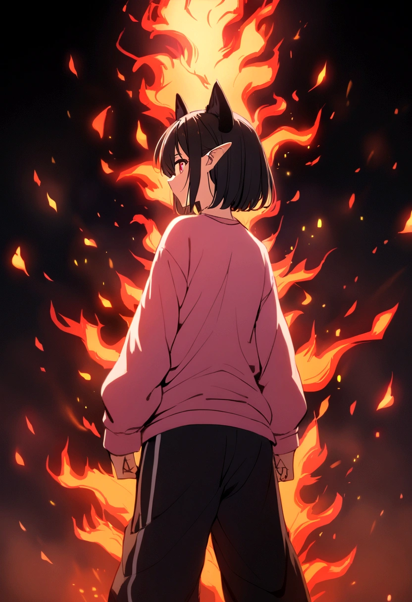 an anime girl eyes with a black iris and red pupils, black hair with pink highlights with small hair bow with small blue and yellow cubes decoration on the bow, on the right side of the head. She wears a pink sweatshirt that is too big for her and small black sweatpants.. She has a red aura of flames that surrounds her violently.. Two black flames emerge from his head and take the shape of ears, and two tails of flame emerge from his back.